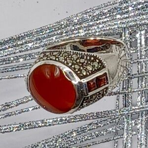 Carnelian, Swarovski, marcasite cocktail ring (size 10)